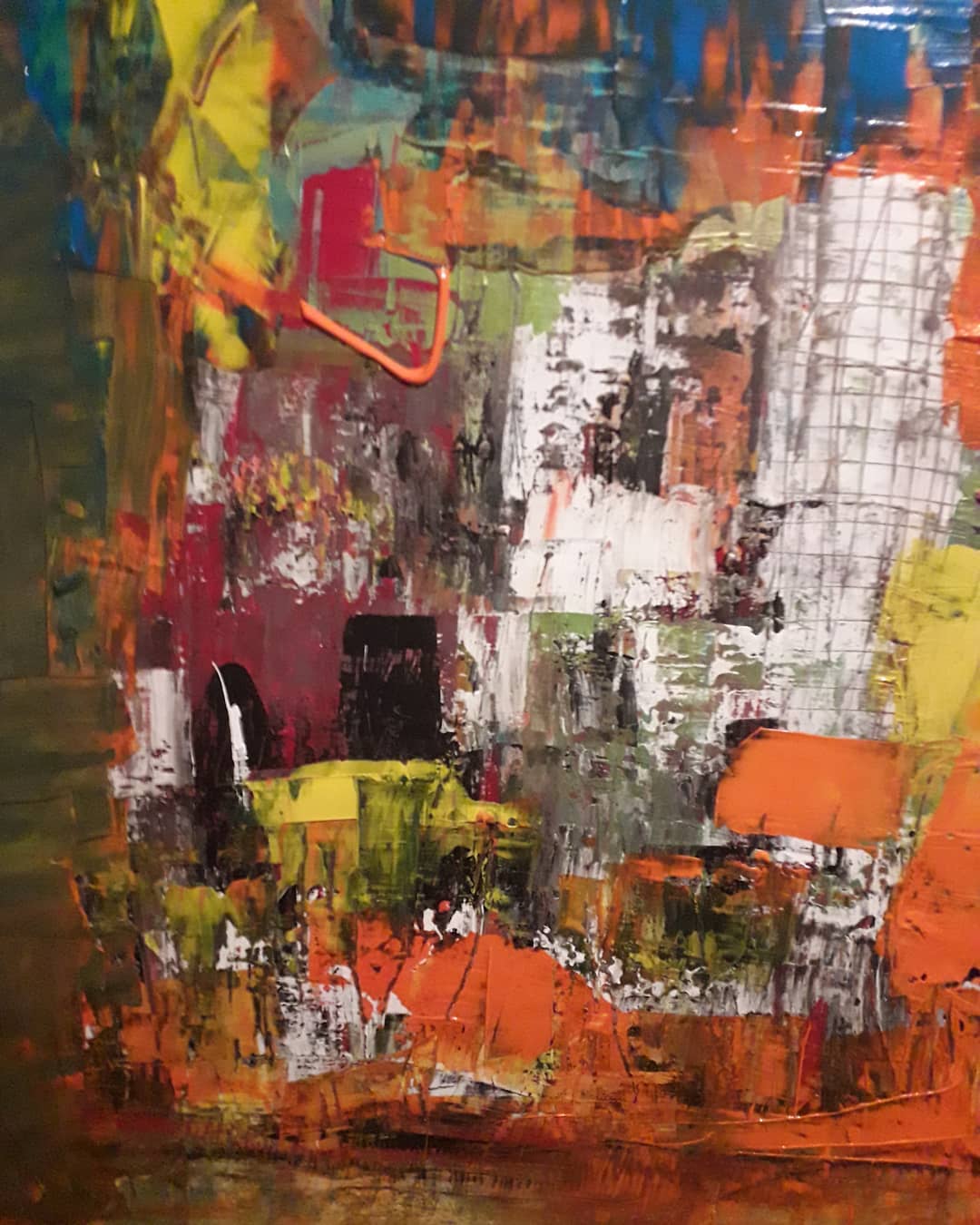 œuvre abstraite de Patrice Camparmo en Occitanie aux couleurs vives, formes dynamiques et touches géométriques,