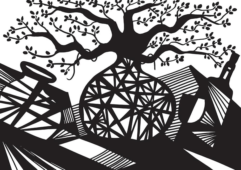 arbre graphique stylisé créé par Patrice Camparmo en Occitanie, motifs géométriques noirs et blancs modernes,