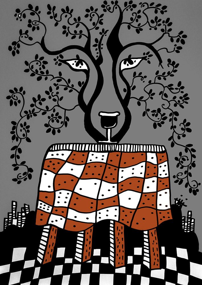Vache au damier et arbre stylisé, œuvre surréaliste de Patrice Camparmo en Occitanie,