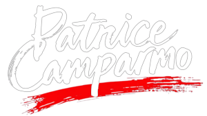 Logo Patrice Camparmo Occitanie manuscrit noir avec large coup de pinceau rouge stylisé en dessous,