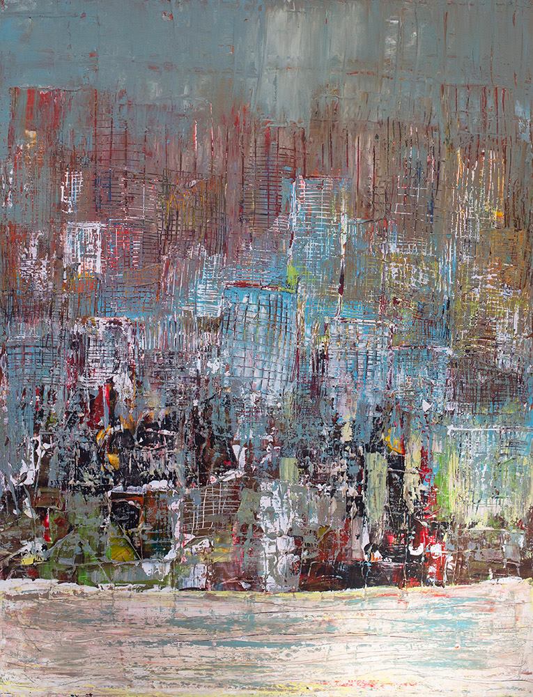 Peinture abstraite urbaine colorée par Patrice Camparmo en Occitanie, formes évoquant des immeubles sous un ciel nuageux,