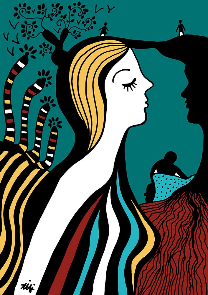 Profil graphique femmes nature Patrice Camparmo, art symbolique en Occitanie connectant humains et racines,